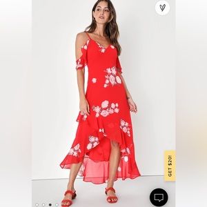 Lulus Love in Bloom Red Floral Print Off-the-Shoulder High-Low Dress